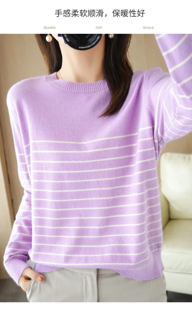 100% Cotton Knitted Sweater Women's Sweater Striped Color Matching Round Neck Large Size Loose Temperament Long Sleeve Bottoming