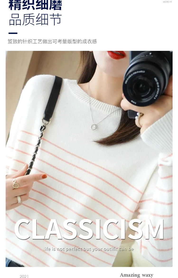 100% Cotton Knitted Sweater Women's Sweater Striped Color Matching Round Neck Large Size Loose Temperament Long Sleeve Bottoming