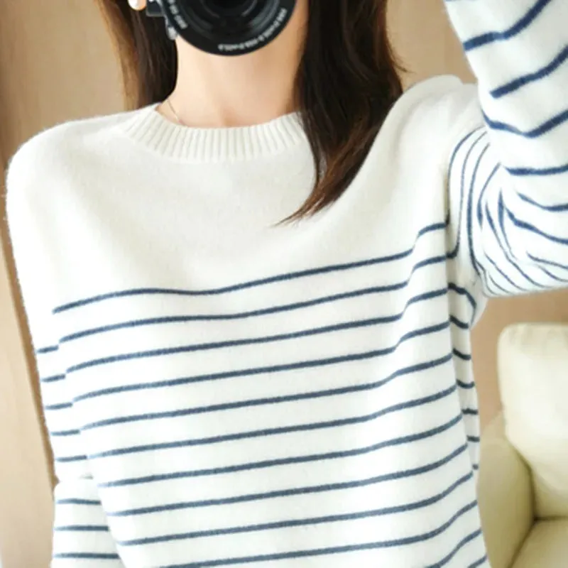 100% Cotton Knitted Sweater Women's Sweater Striped Color Matching Round Neck Large Size Loose Temperament Long Sleeve Bottoming