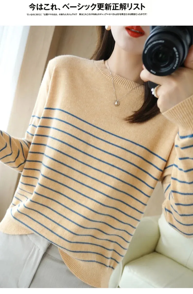 100% Cotton Knitted Sweater Women's Sweater Striped Color Matching Round Neck Large Size Loose Temperament Long Sleeve Bottoming