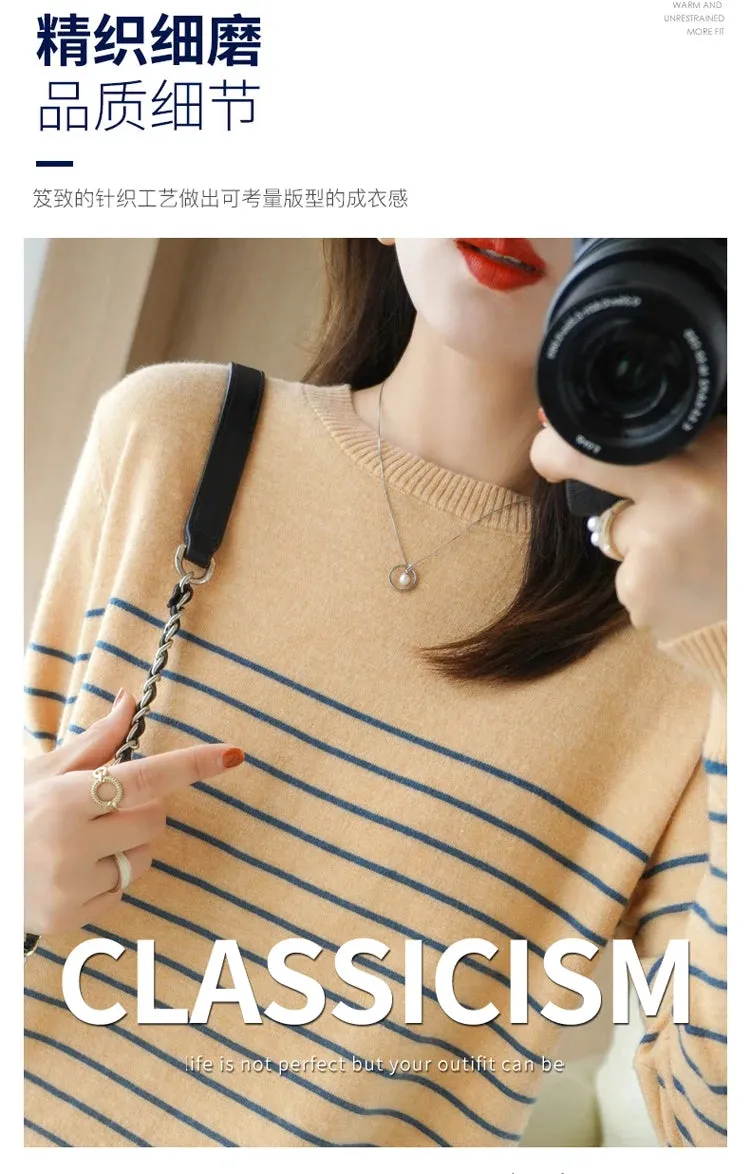 100% Cotton Knitted Sweater Women's Sweater Striped Color Matching Round Neck Large Size Loose Temperament Long Sleeve Bottoming