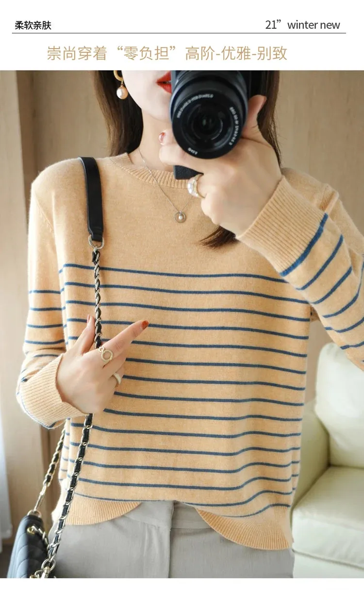 100% Cotton Knitted Sweater Women's Sweater Striped Color Matching Round Neck Large Size Loose Temperament Long Sleeve Bottoming