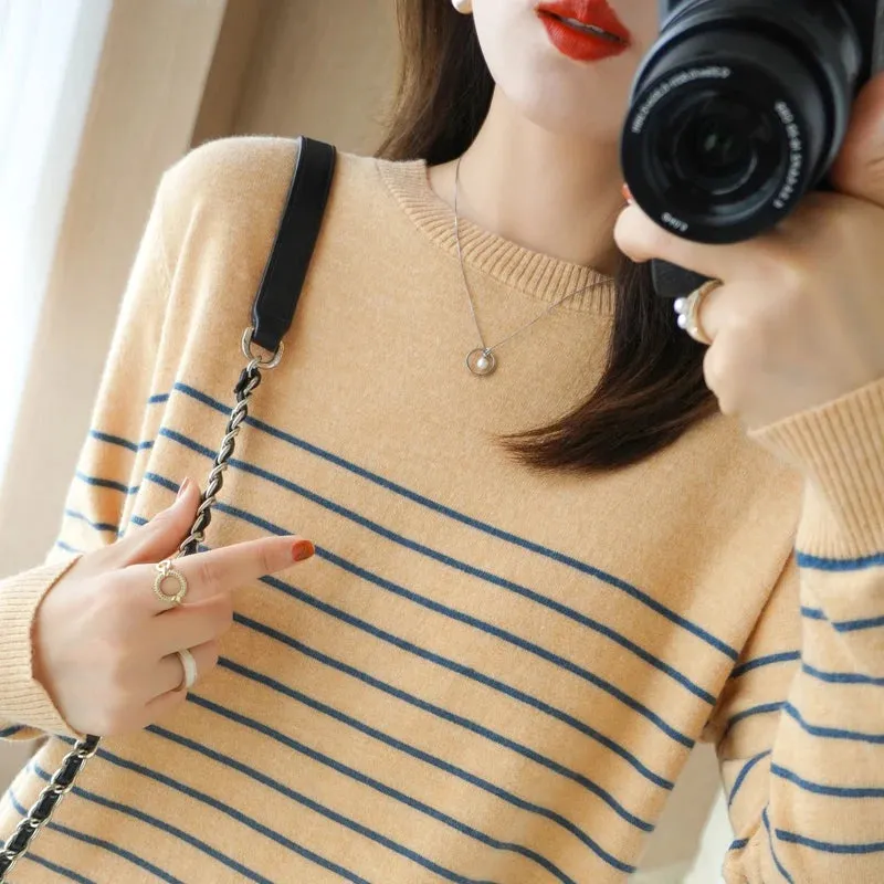 100% Cotton Knitted Sweater Women's Sweater Striped Color Matching Round Neck Large Size Loose Temperament Long Sleeve Bottoming