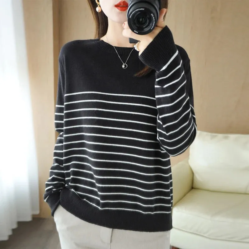 100% Cotton Knitted Sweater Women's Sweater Striped Color Matching Round Neck Large Size Loose Temperament Long Sleeve Bottoming