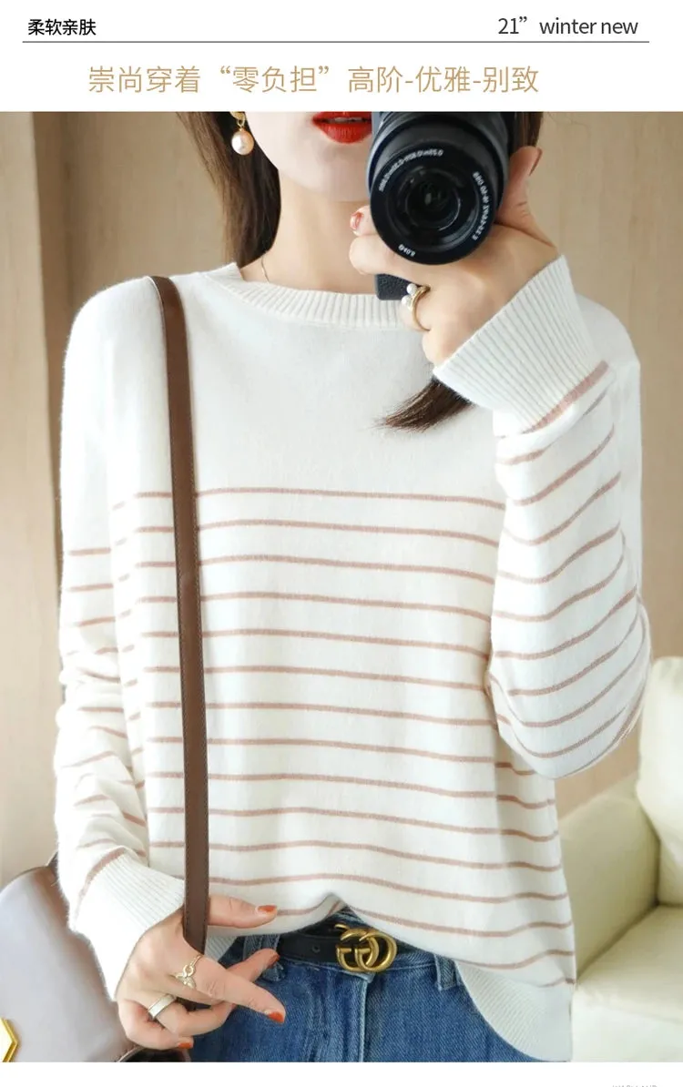 100% Cotton Knitted Sweater Women's Sweater Striped Color Matching Round Neck Large Size Loose Temperament Long Sleeve Bottoming