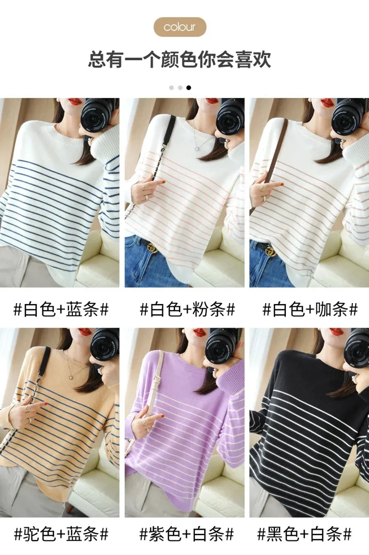 100% Cotton Knitted Sweater Women's Sweater Striped Color Matching Round Neck Large Size Loose Temperament Long Sleeve Bottoming