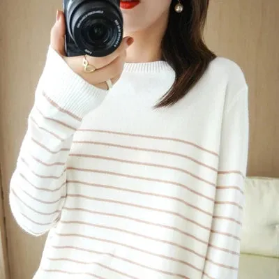 100% Cotton Knitted Sweater Women's Sweater Striped Color Matching Round Neck Large Size Loose Temperament Long Sleeve Bottoming