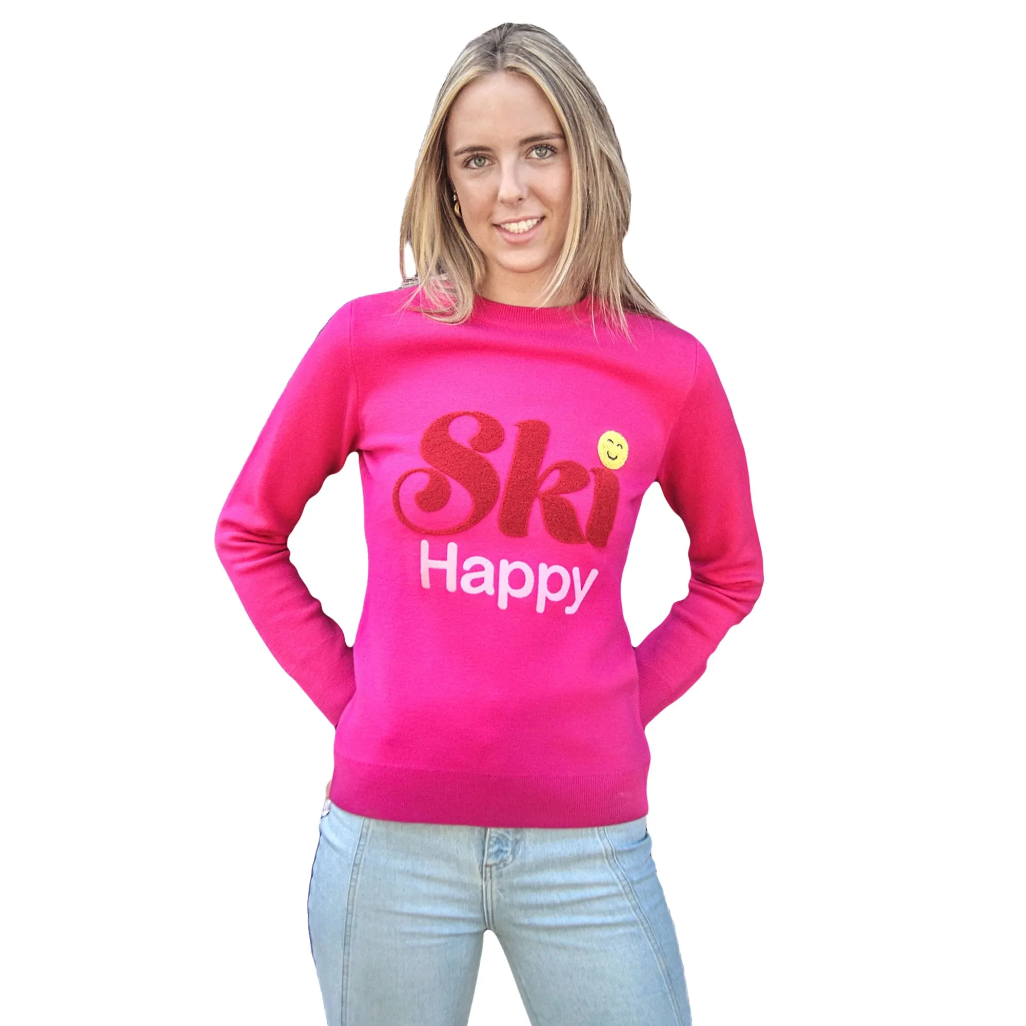 100% Italian Merino Wool SKI HAPPY Women’s SWEATER Trendy - Crew Neck & Long Sleeve Pullover Sweater