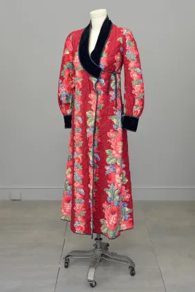 1930s Cranberry Rose Print Quilted House Coat Robe