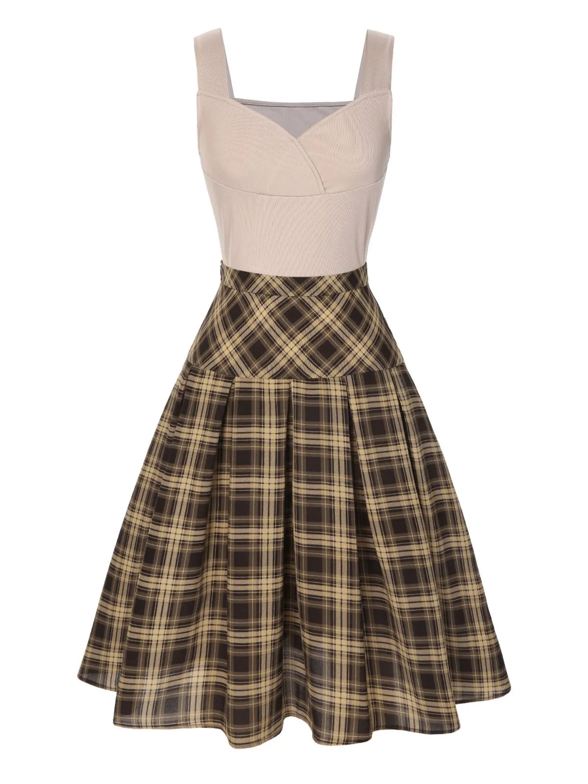 2PCS 1950s Beige Knitted Top & Plaid Pleated Skirt