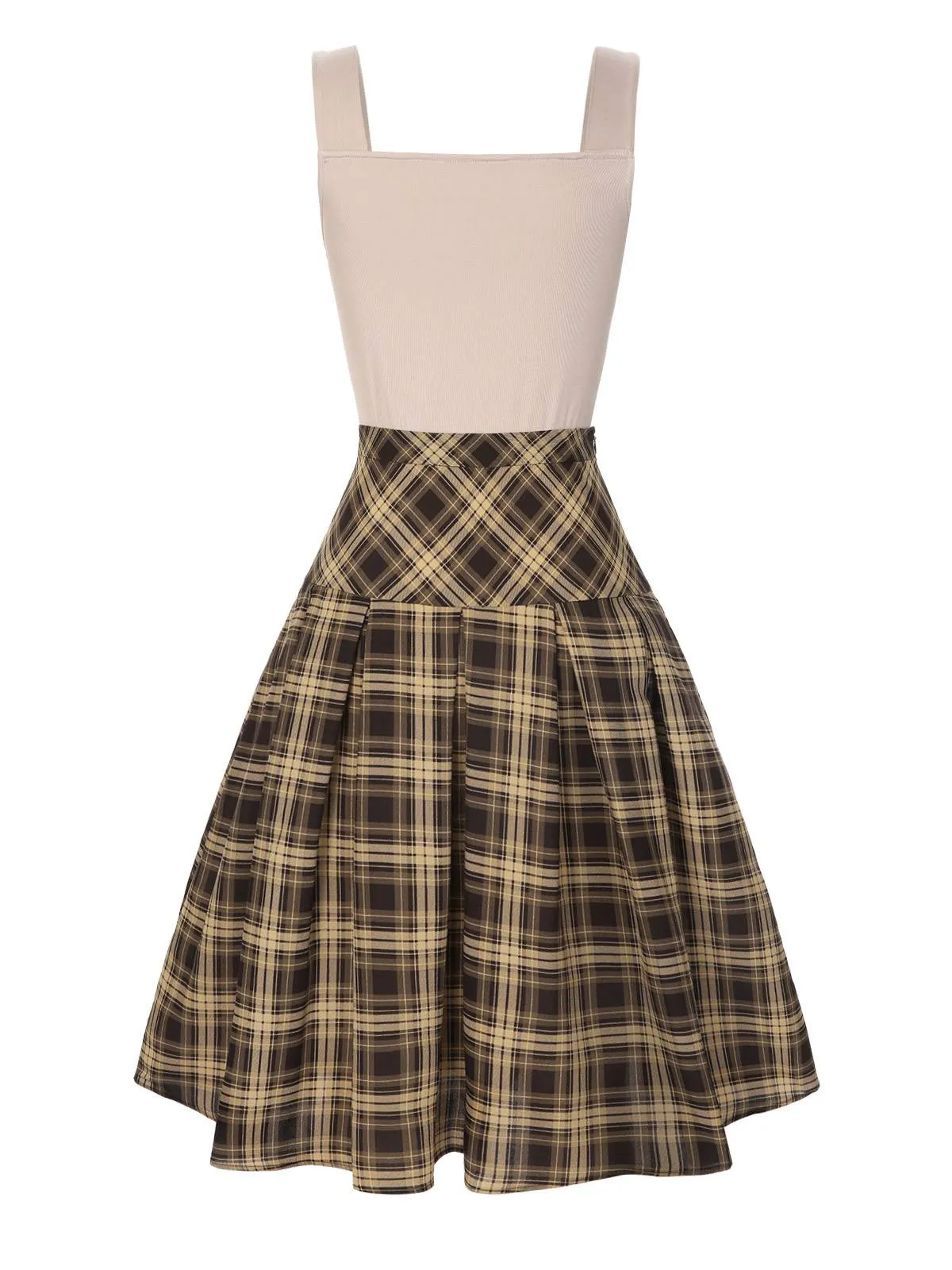 2PCS 1950s Beige Knitted Top & Plaid Pleated Skirt