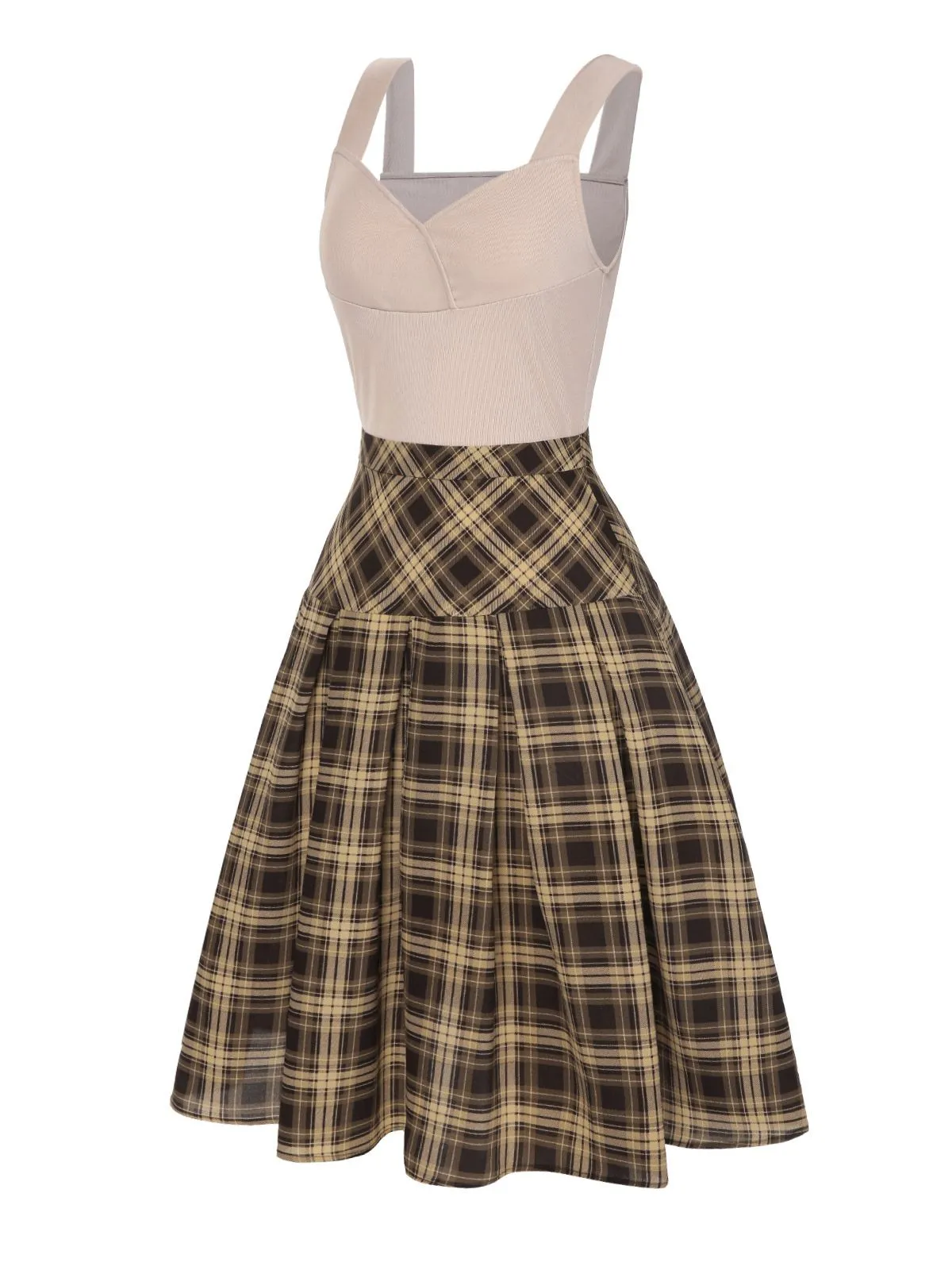 2PCS 1950s Beige Knitted Top & Plaid Pleated Skirt