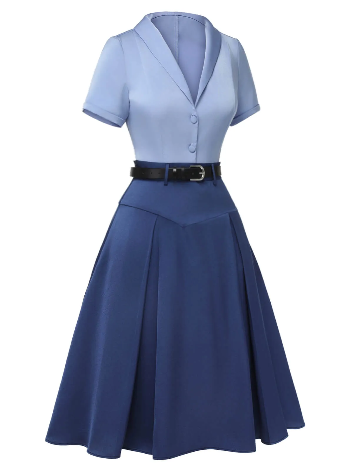 2PCS Dark Blue 1950s Solid Lapel Blouse & Pleated Skirt