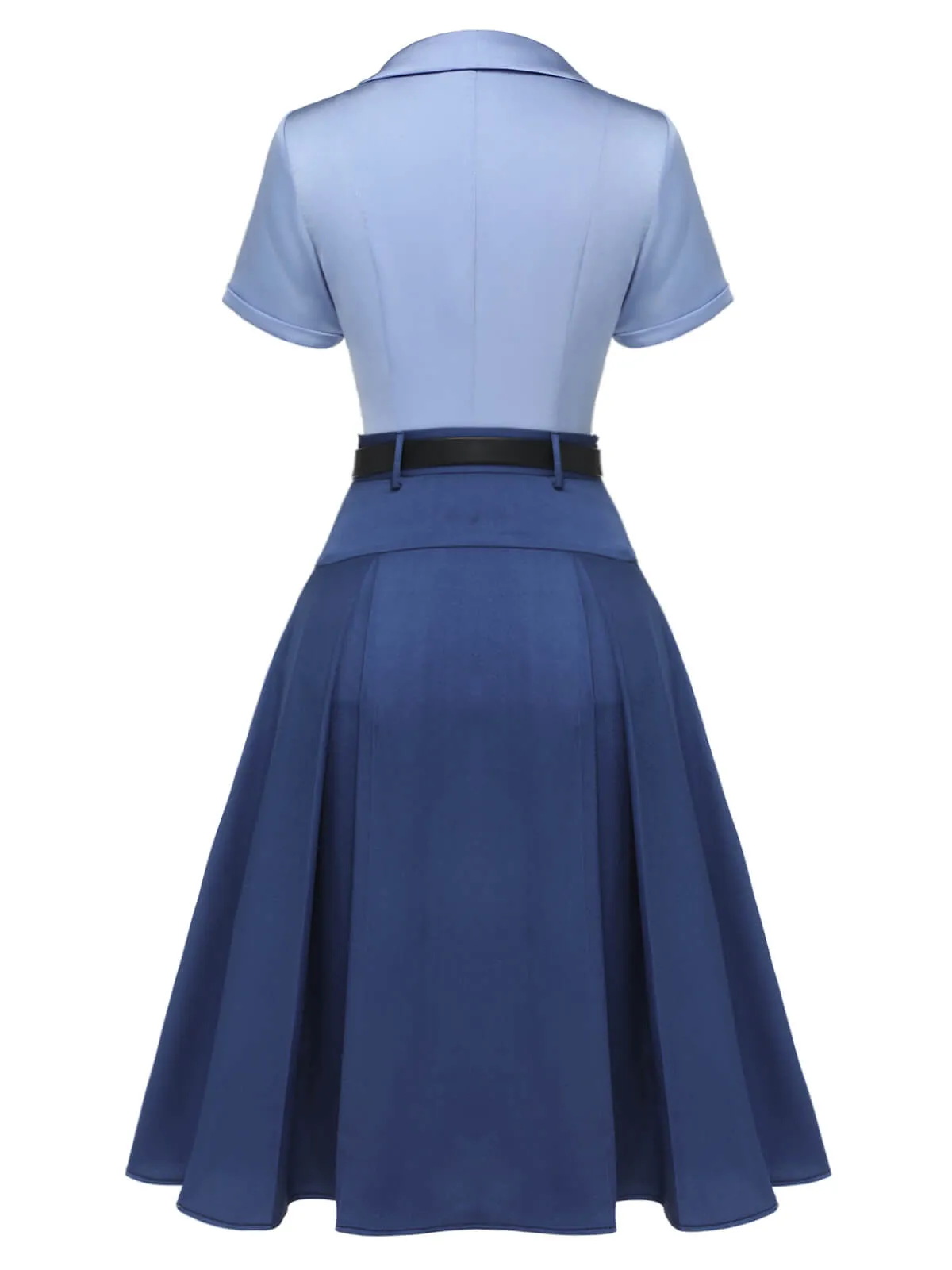 2PCS Dark Blue 1950s Solid Lapel Blouse & Pleated Skirt