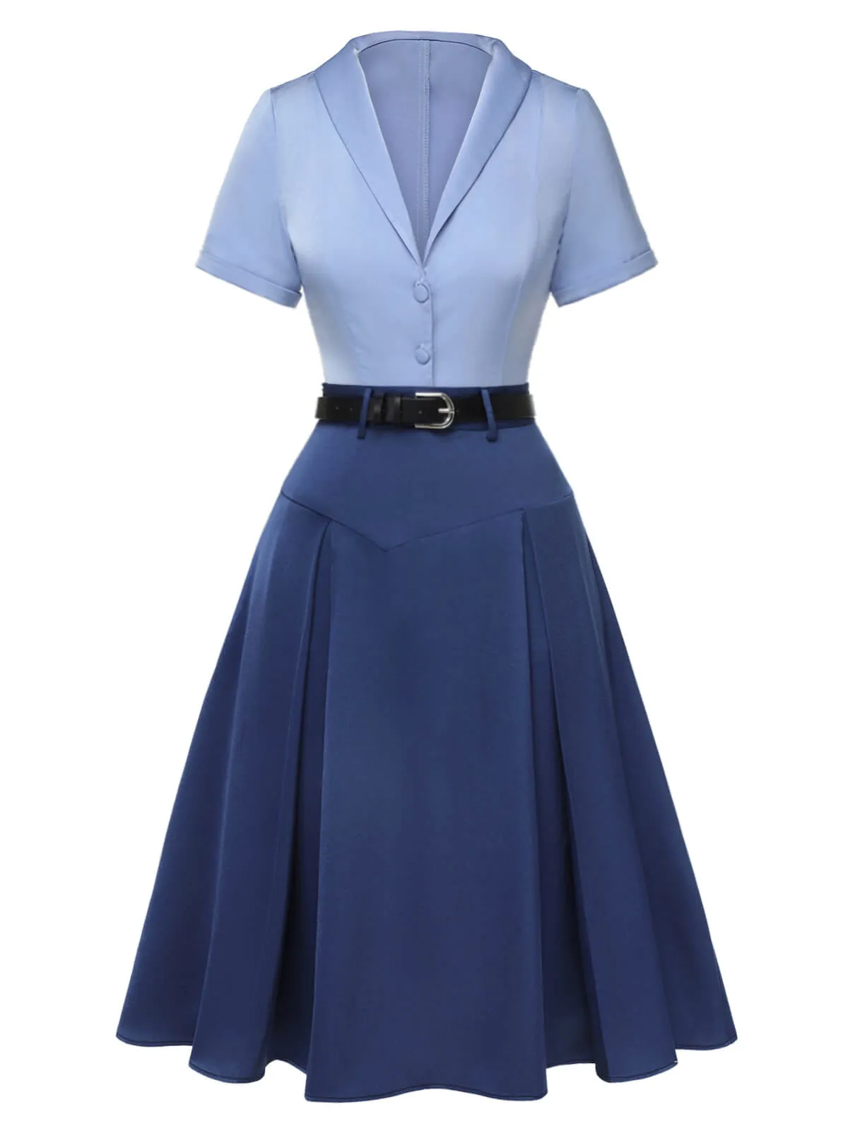 2PCS Dark Blue 1950s Solid Lapel Blouse & Pleated Skirt