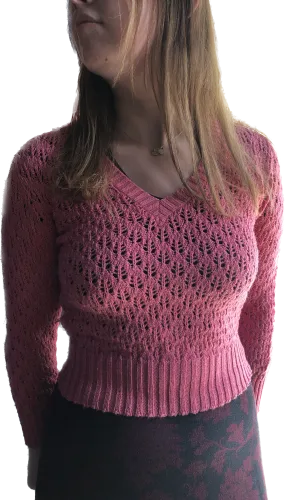 70s French Pink Knit V-Neck Sweater     S