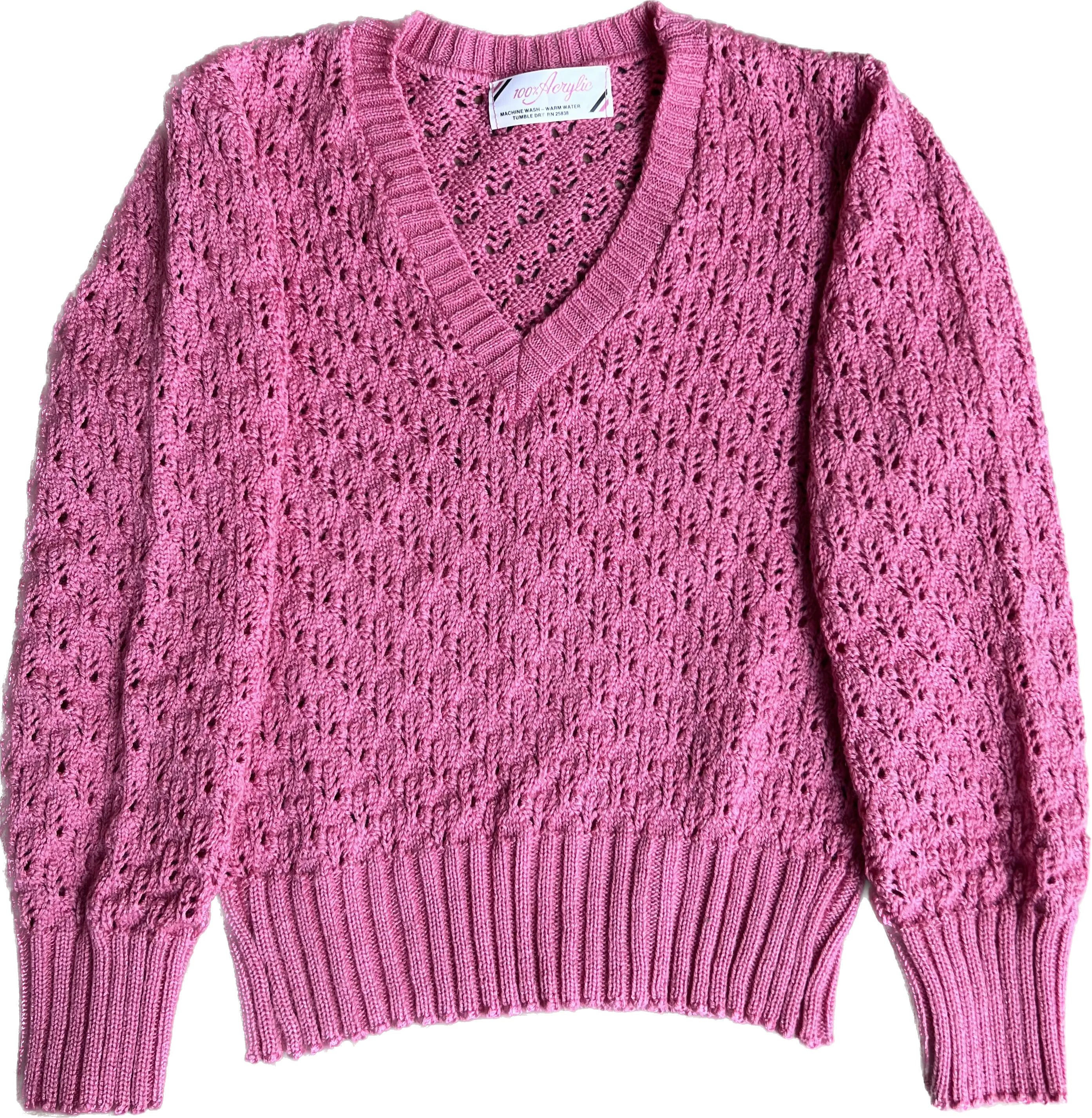 70s French Pink Knit V-Neck Sweater     S