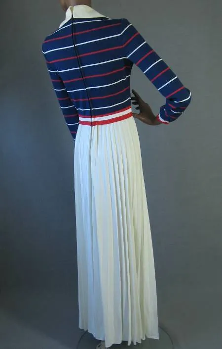 70s Vintage Preppy Patriotic Red White Blue Maxi Dress Small VFG Gene Stanley