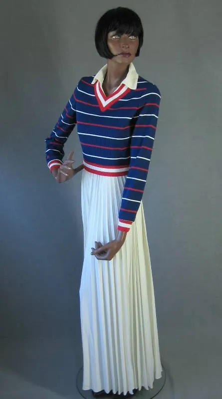 70s Vintage Preppy Patriotic Red White Blue Maxi Dress Small VFG Gene Stanley