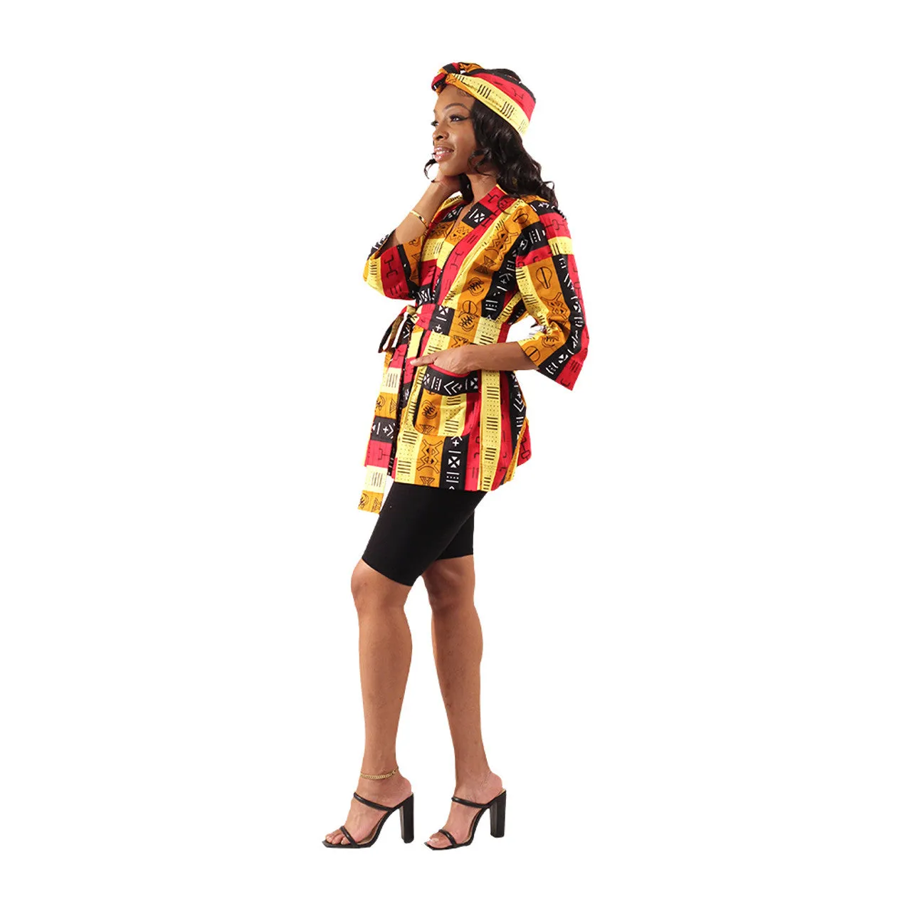 African Print Short Kimono Jacket  - Colored Mud Print