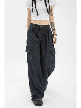 Aiertu Autumn Women Harajuku Cargo Baggy Blue Jeans Streetwear Hip Hop Oversize Casual Wide Leg Vintage Demin Pants Y2k Loose Trousers