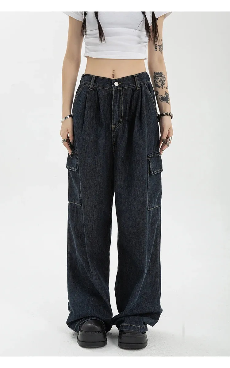 Aiertu Autumn Women Harajuku Cargo Baggy Blue Jeans Streetwear Hip Hop Oversize Casual Wide Leg Vintage Demin Pants Y2k Loose Trousers