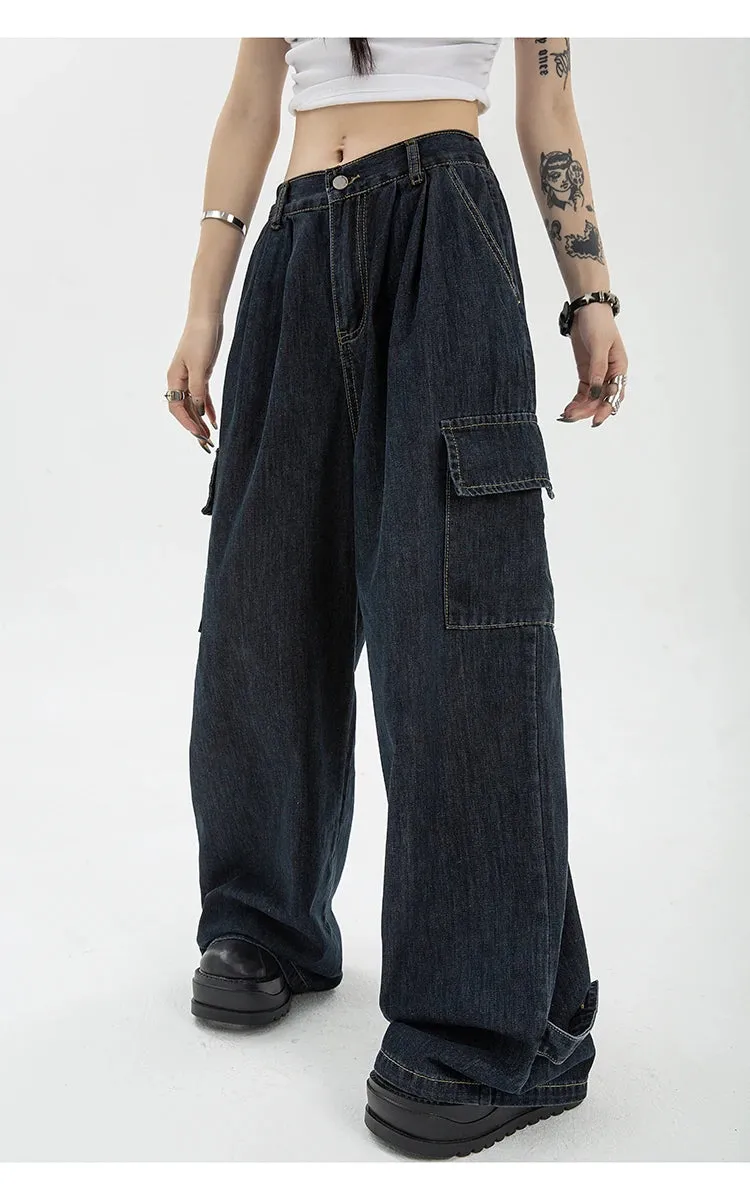 Aiertu Autumn Women Harajuku Cargo Baggy Blue Jeans Streetwear Hip Hop Oversize Casual Wide Leg Vintage Demin Pants Y2k Loose Trousers