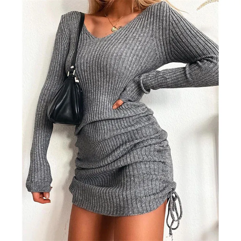 Amozae winter outfits men Dress Women's Sweater Skirt Bottoming Skirt Sexy Slim Thread Skirt Pleated Drawstring