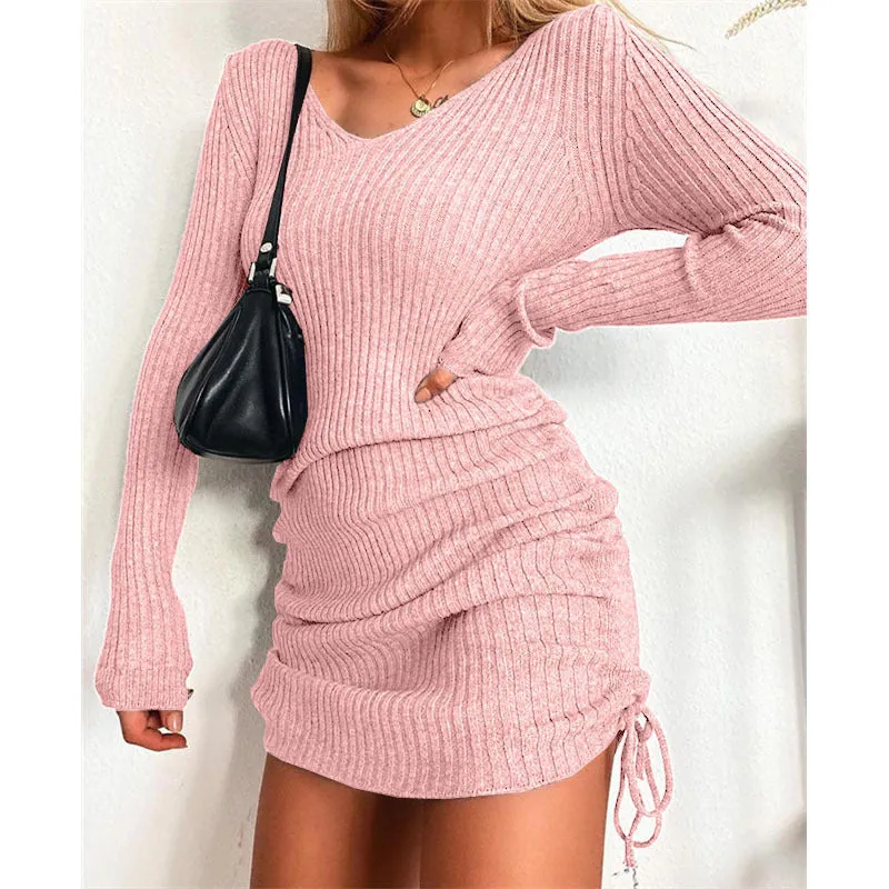 Amozae winter outfits men Dress Women's Sweater Skirt Bottoming Skirt Sexy Slim Thread Skirt Pleated Drawstring