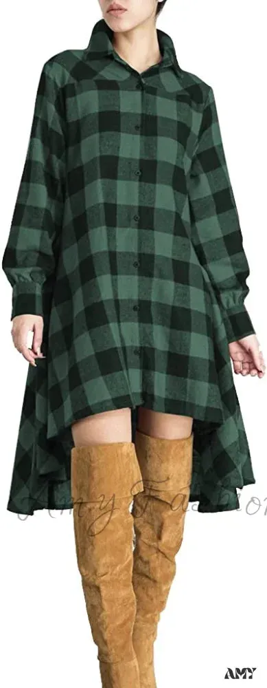 Amy Fashion - Christmas Plaids V Neck Long Sleeve Irregular Hem Dress