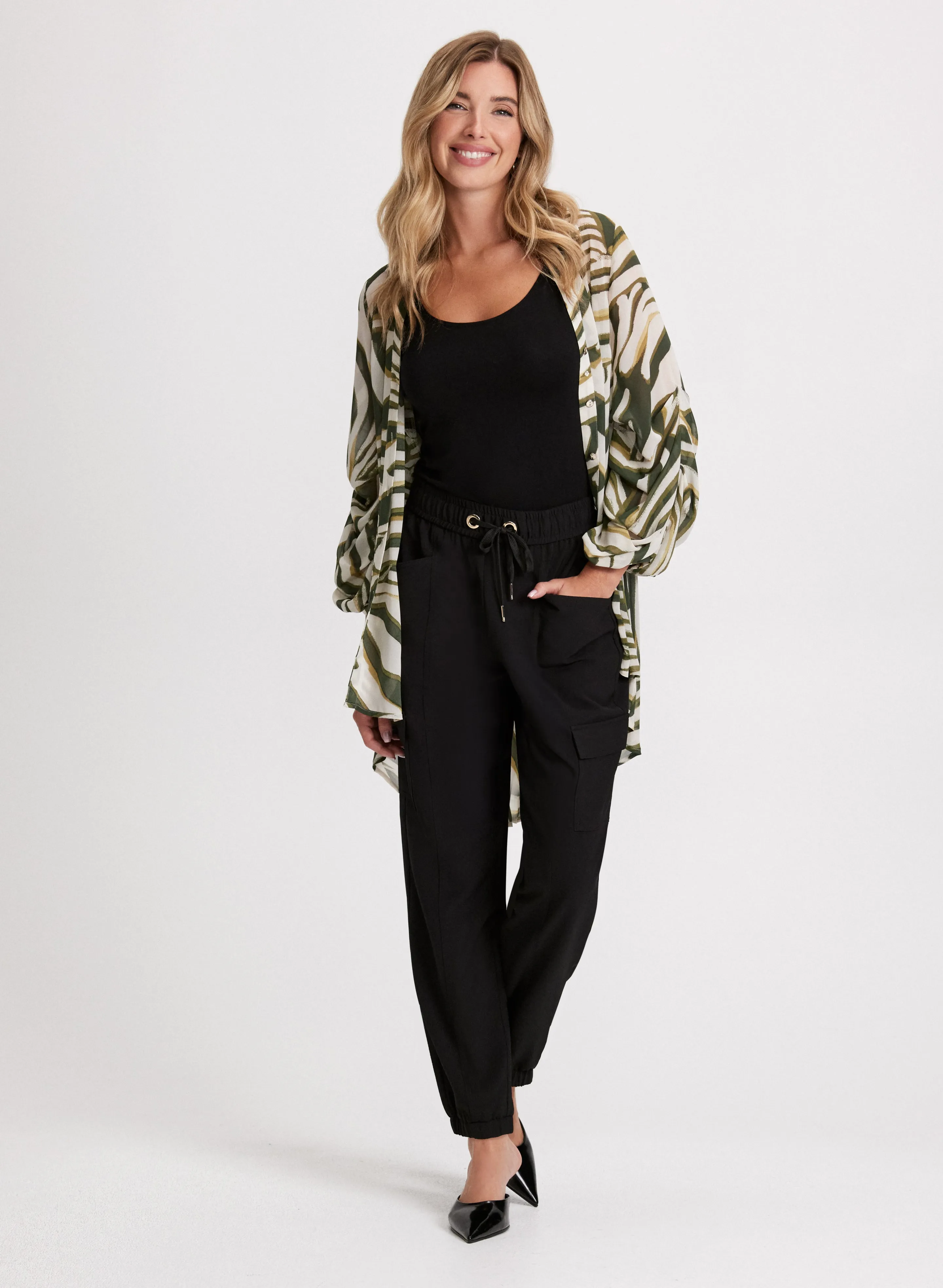 Animal Print Button-Up Tunic & Cargo Pants