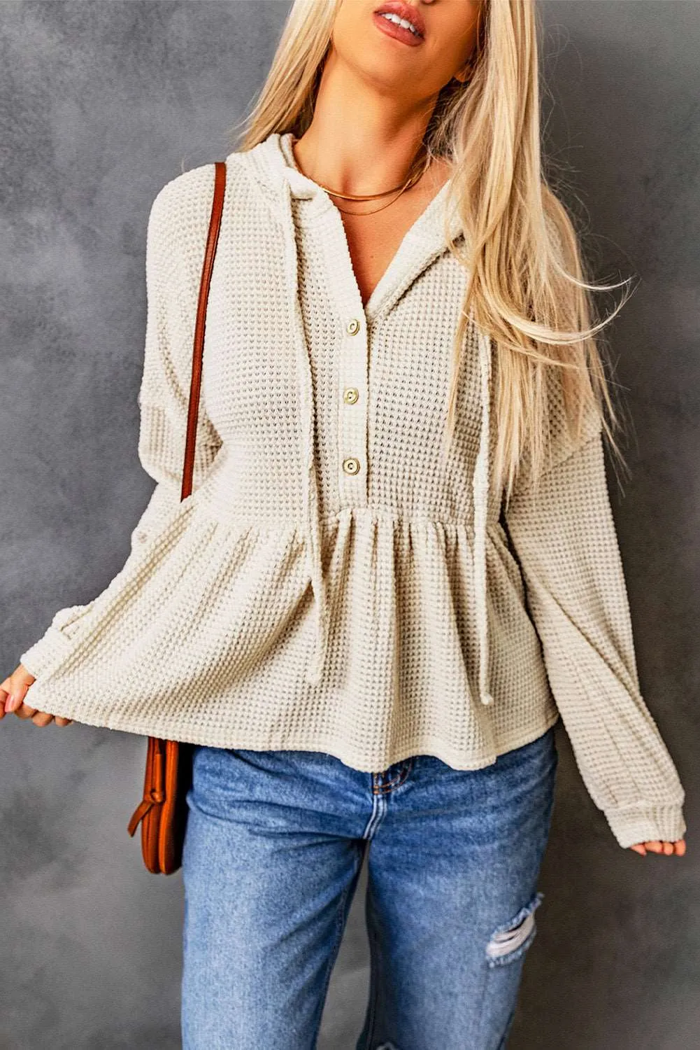 Apricot Waffle Casual Button Ruffle Knit Hoodie