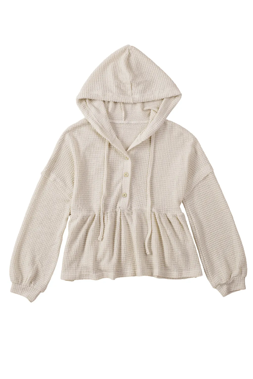 Apricot Waffle Casual Button Ruffle Knit Hoodie