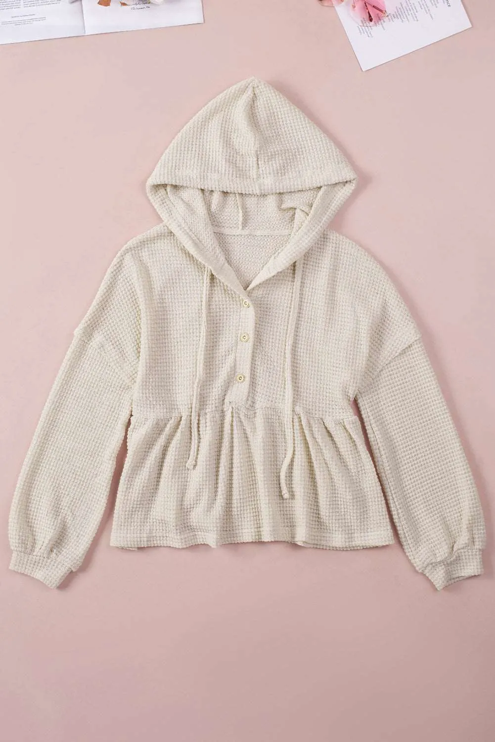 Apricot Waffle Casual Button Ruffle Knit Hoodie