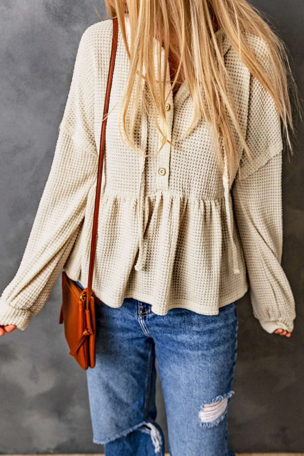 Apricot Waffle Casual Button Ruffle Knit Hoodie