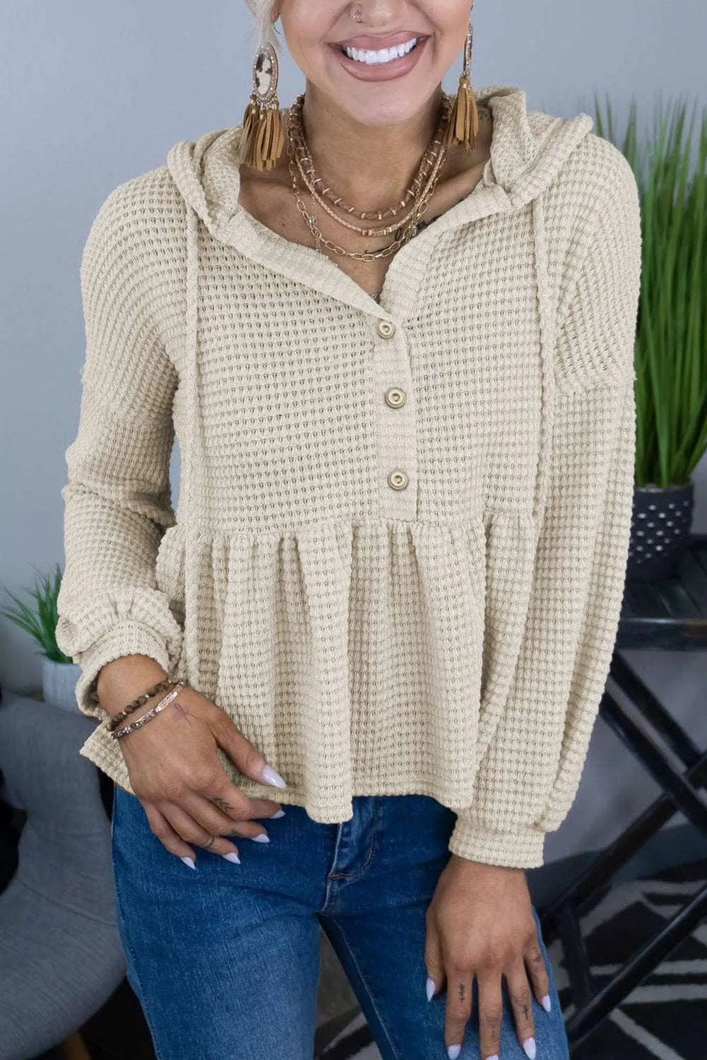 Apricot Waffle Casual Button Ruffle Knit Hoodie