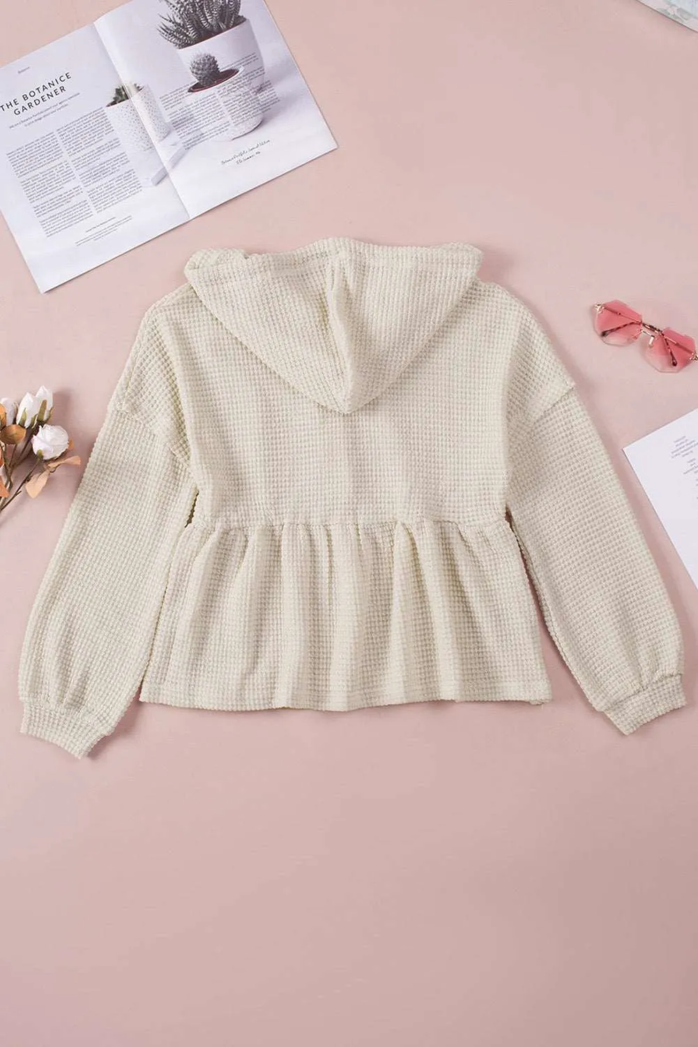 Apricot Waffle Casual Button Ruffle Knit Hoodie