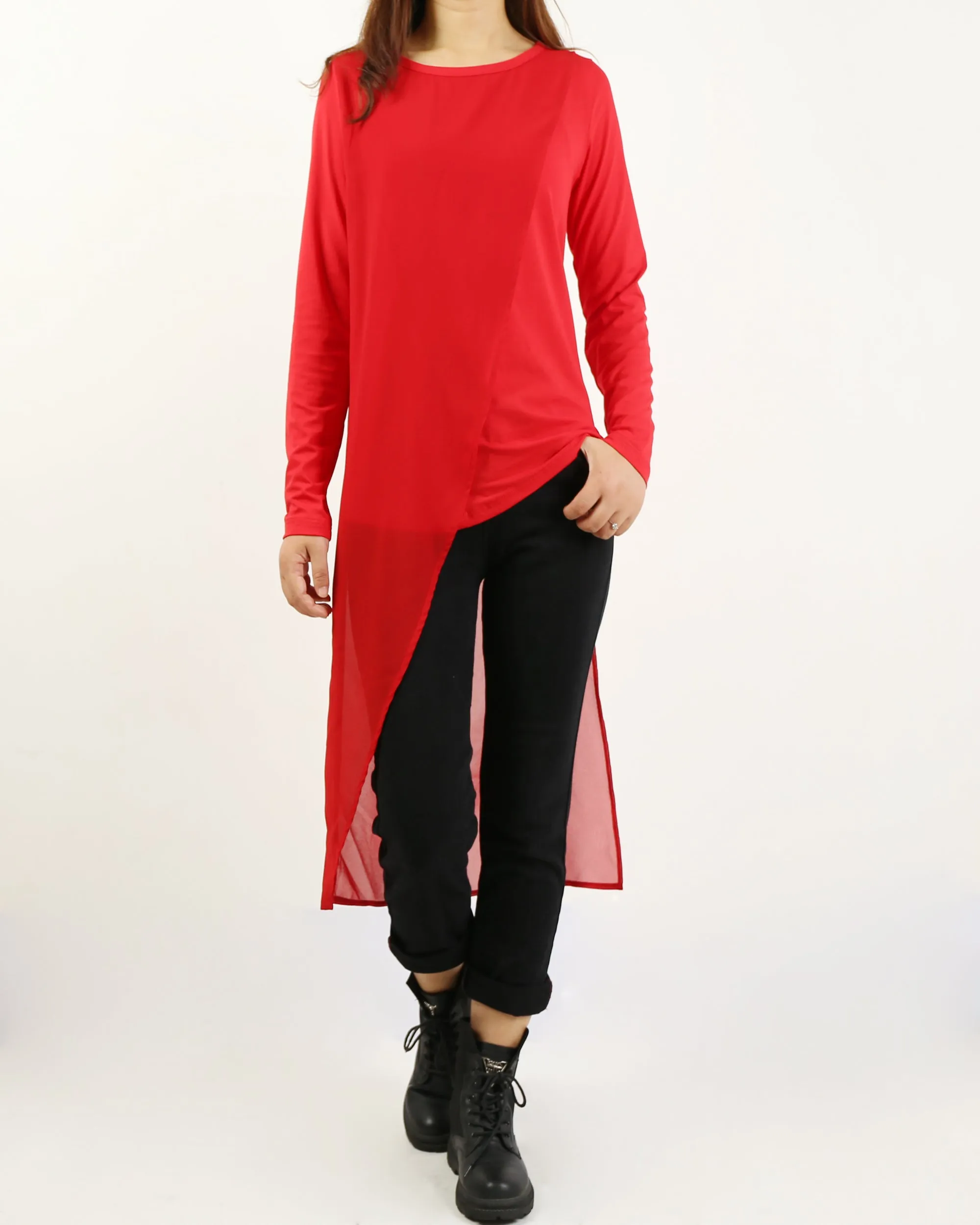 Asymmetrical t-shirt, Cotton and chiffon t-shirt, Long sleeve top, crew neck t-shirts, cotton top, patchwork t-shirt(Y1191L)