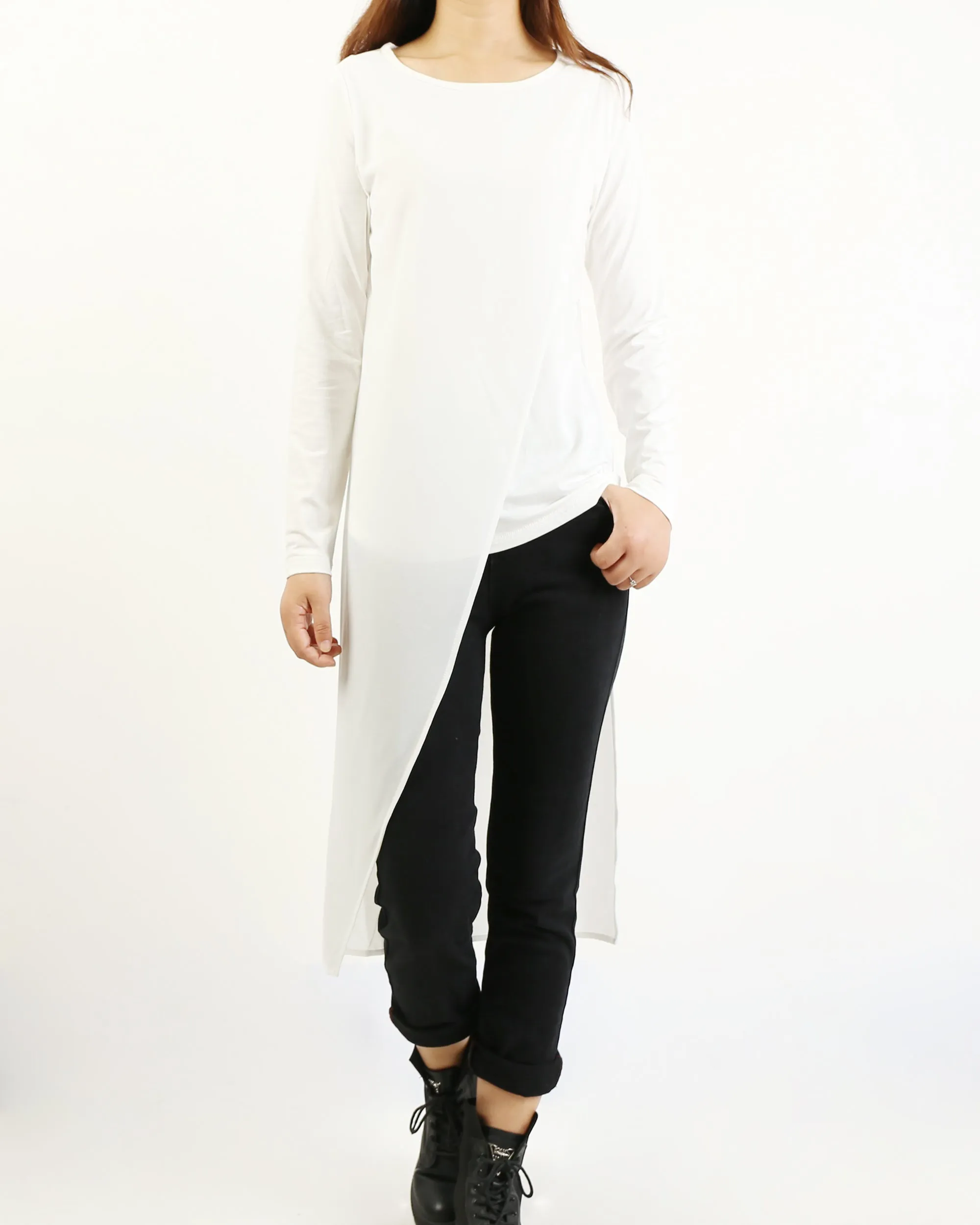 Asymmetrical t-shirt, Cotton and chiffon t-shirt, Long sleeve top, crew neck t-shirts, cotton top, patchwork t-shirt(Y1191L)