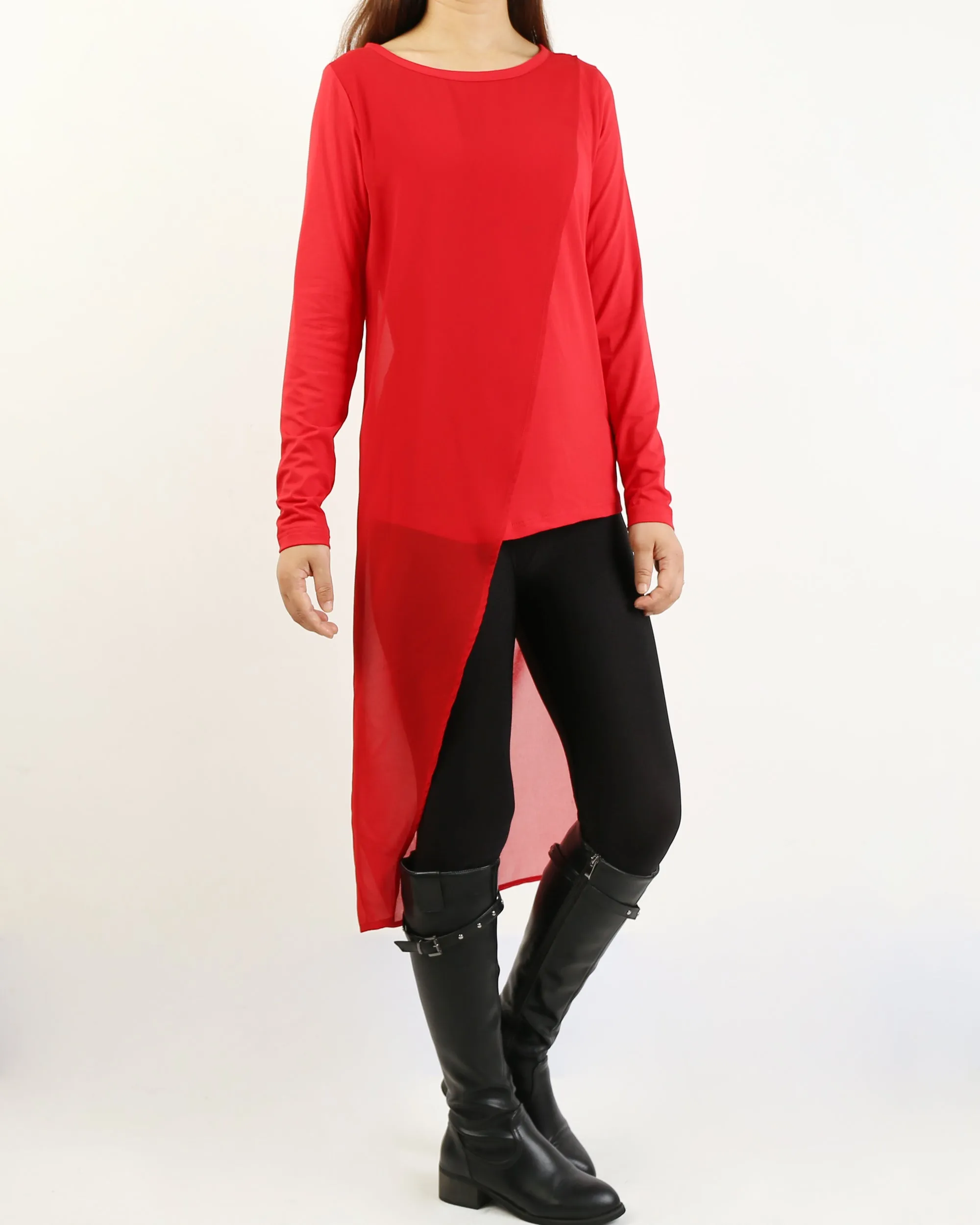 Asymmetrical t-shirt, Cotton and chiffon t-shirt, Long sleeve top, crew neck t-shirts, cotton top, patchwork t-shirt(Y1191L)