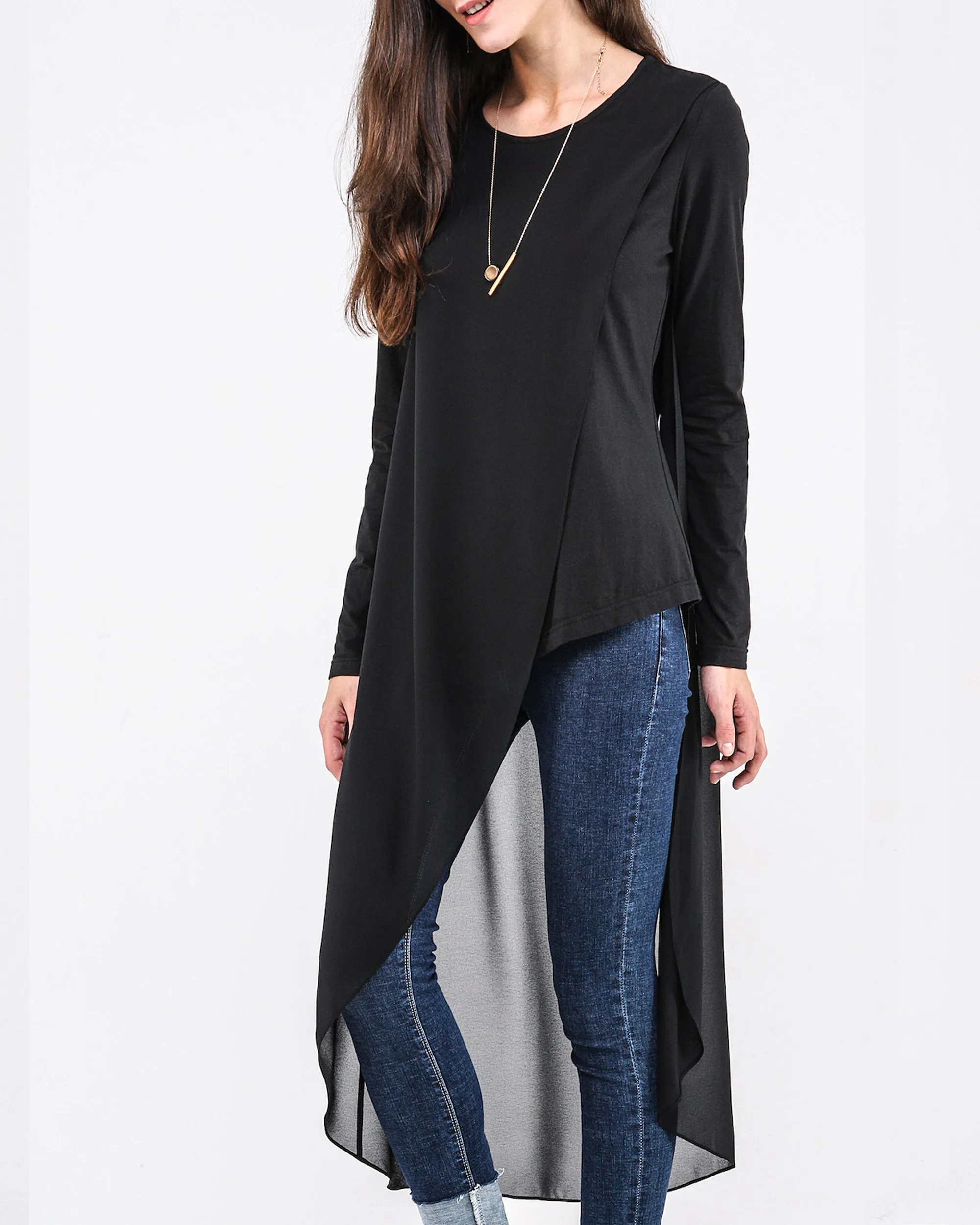 Asymmetrical t-shirt, Cotton and chiffon t-shirt, Long sleeve top, crew neck t-shirts, cotton top, patchwork t-shirt(Y1191L)