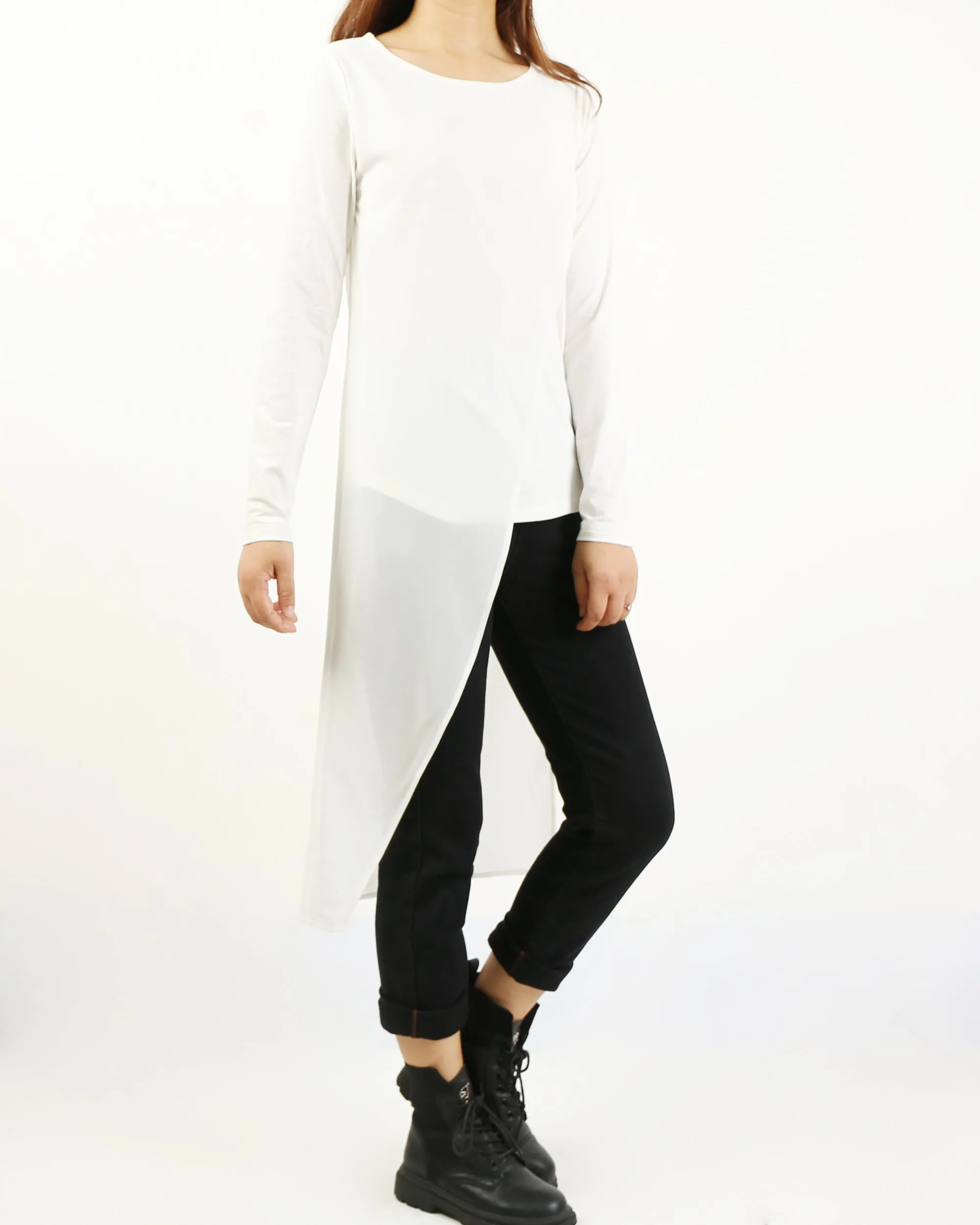 Asymmetrical t-shirt, Cotton and chiffon t-shirt, Long sleeve top, crew neck t-shirts, cotton top, patchwork t-shirt(Y1191L)