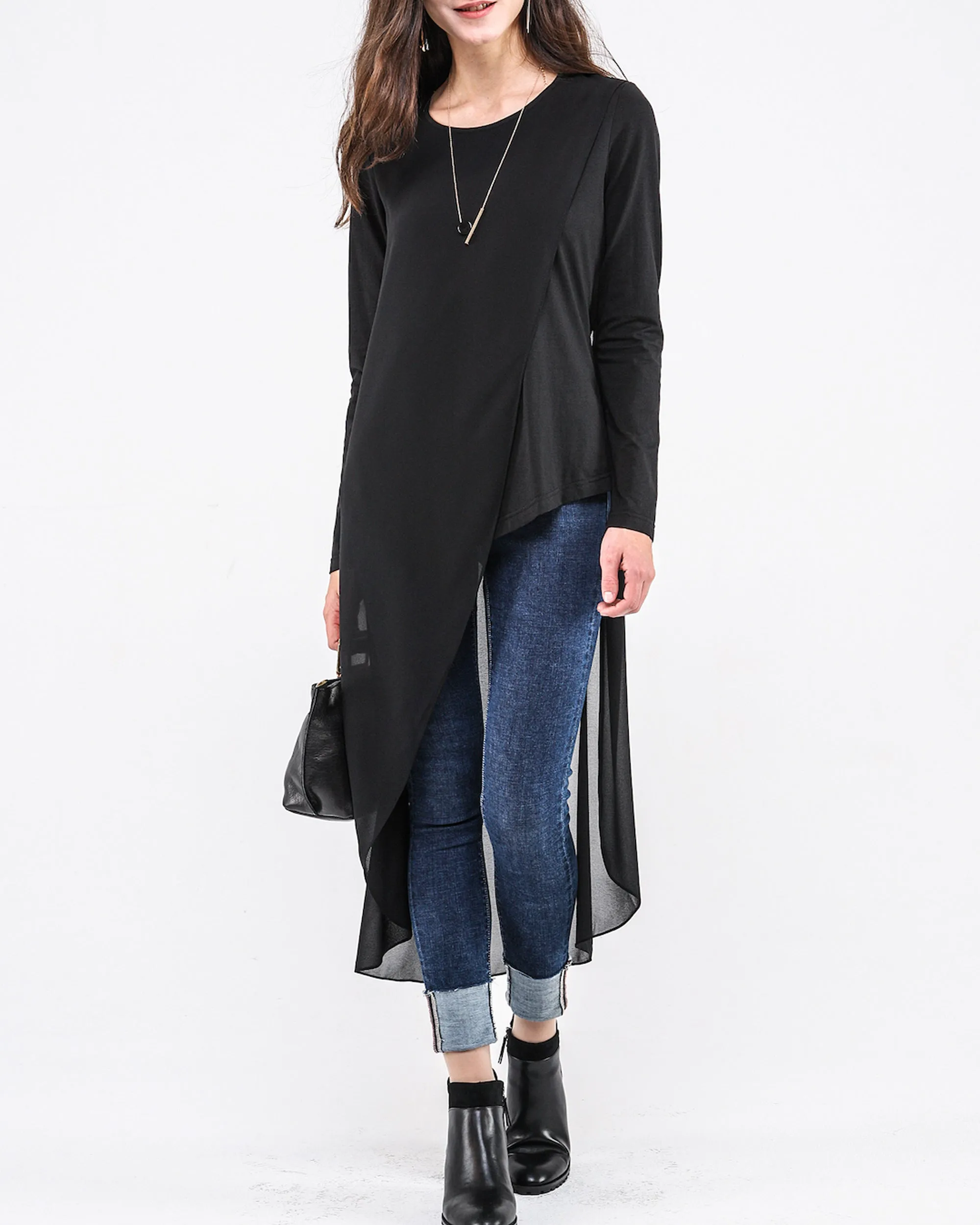 Asymmetrical t-shirt, Cotton and chiffon t-shirt, Long sleeve top, crew neck t-shirts, cotton top, patchwork t-shirt(Y1191L)