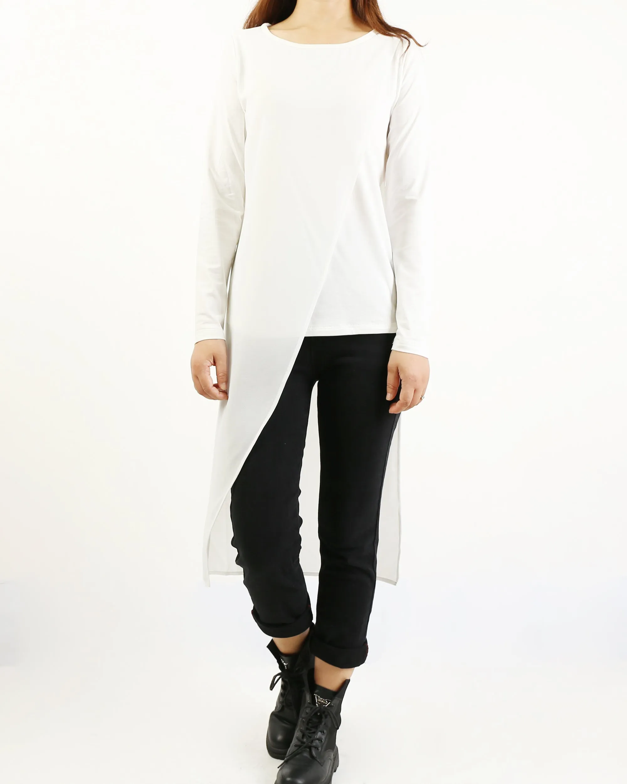 Asymmetrical t-shirt, Cotton and chiffon t-shirt, Long sleeve top, crew neck t-shirts, cotton top, patchwork t-shirt(Y1191L)