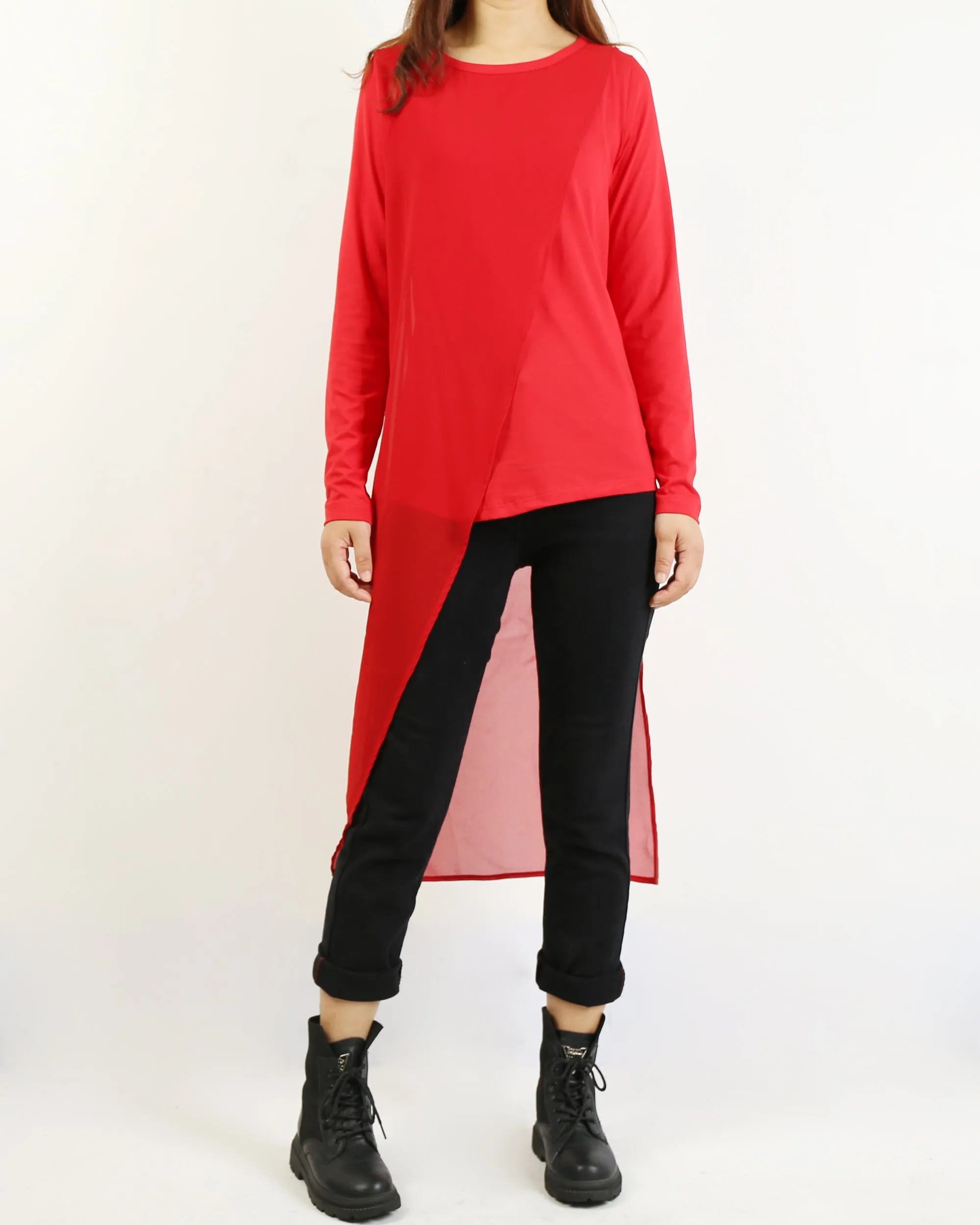 Asymmetrical t-shirt, Cotton and chiffon t-shirt, Long sleeve top, crew neck t-shirts, cotton top, patchwork t-shirt(Y1191L)