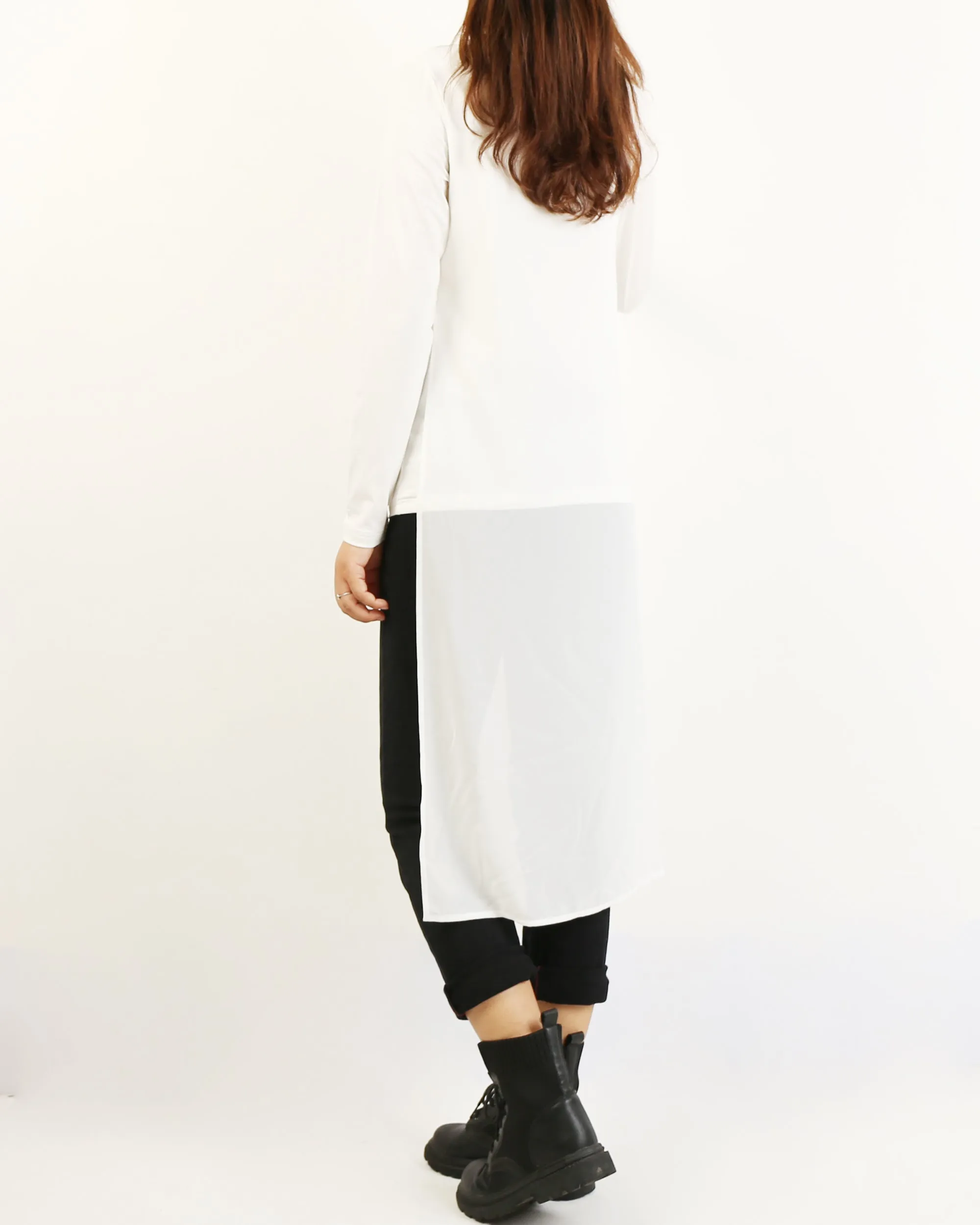 Asymmetrical t-shirt, Cotton and chiffon t-shirt, Long sleeve top, crew neck t-shirts, cotton top, patchwork t-shirt(Y1191L)