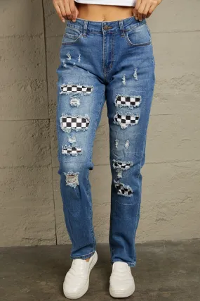 Baeful Checkered Patchwork Mid Waist Distressed Jeans