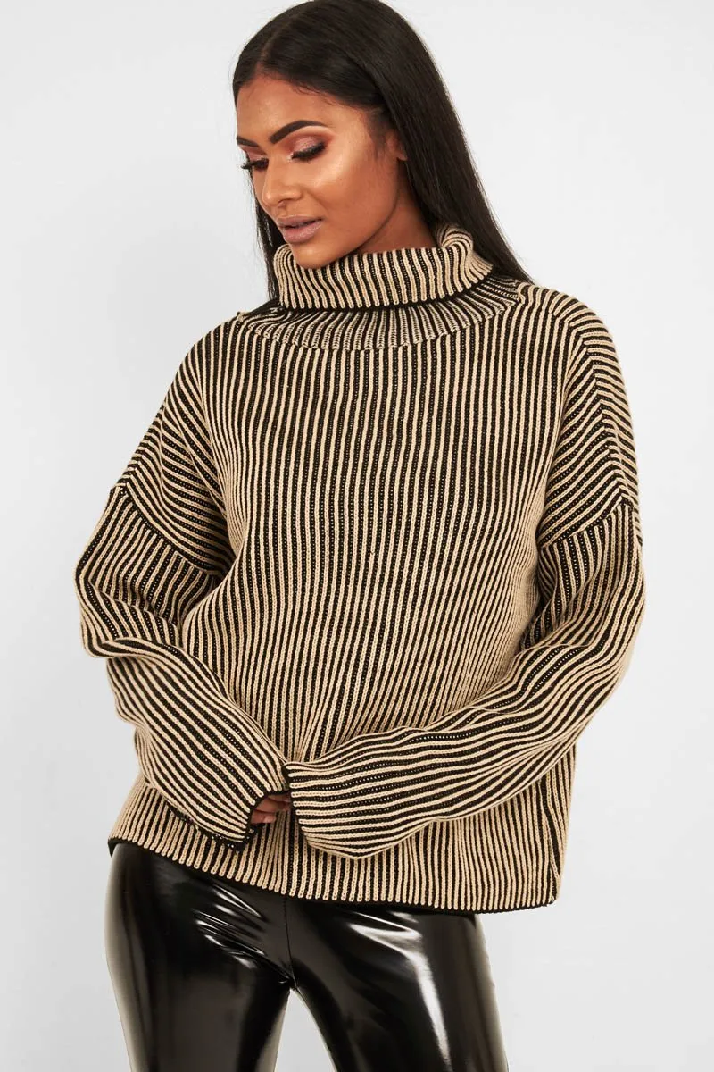 Beige Ottoman Rib Roll Neck Jumper - Renee