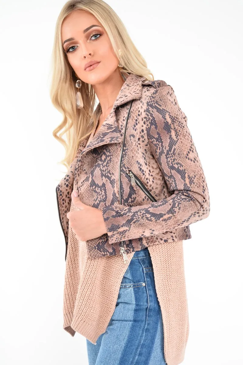 Beige Snake Faux Suede Biker Jacket - Kizzie