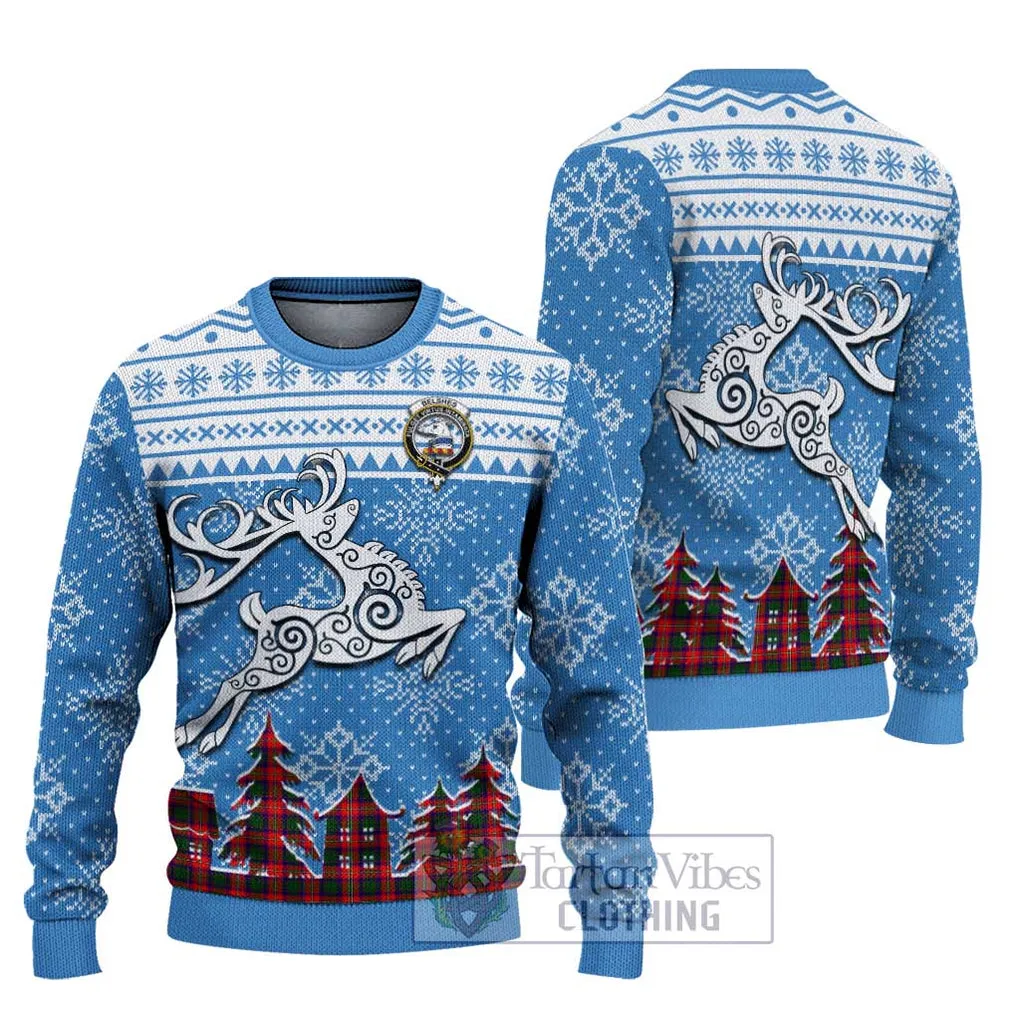 Belshes (Belsches) Clan Christmas Ugly Sweater with Tartan and Celtic Reindeer Style